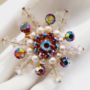 Vintage Snowflake Faux Pearl Red Rhinestone Clear Crystal Beaded Brooch - 2”